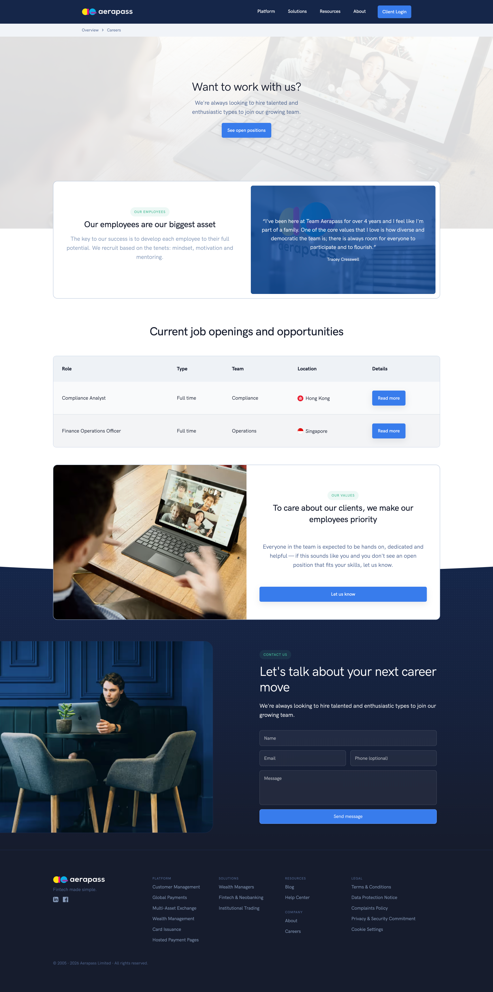 Careers page with hero section and job postings