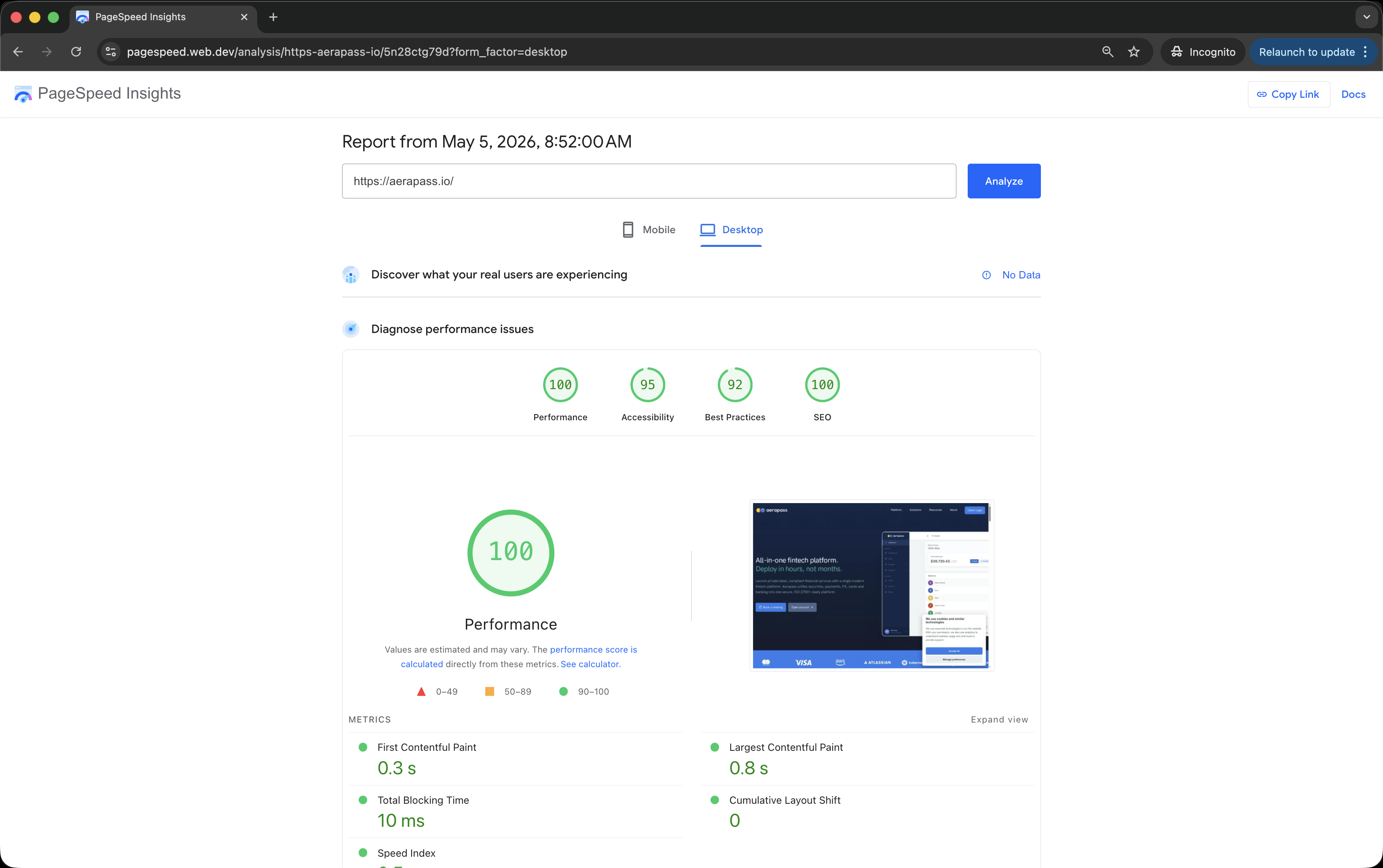 Screenshot of PageSpeed results for desktop with high scores