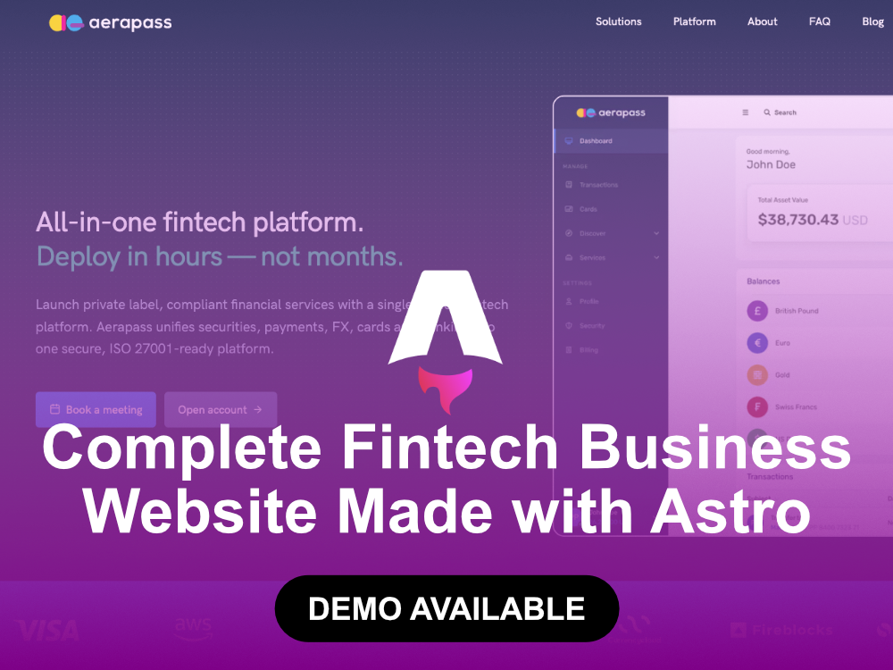 Complete fintech business website made with Astro