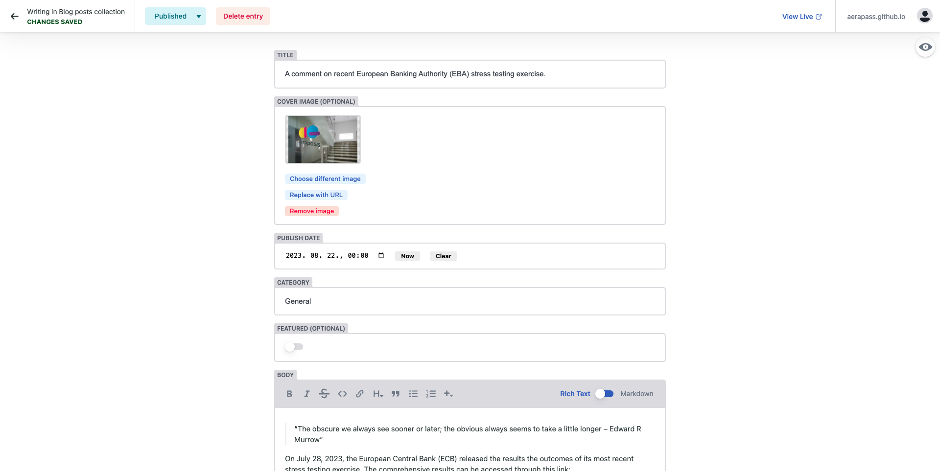 Screenshot of Decap CMS with blog post editor