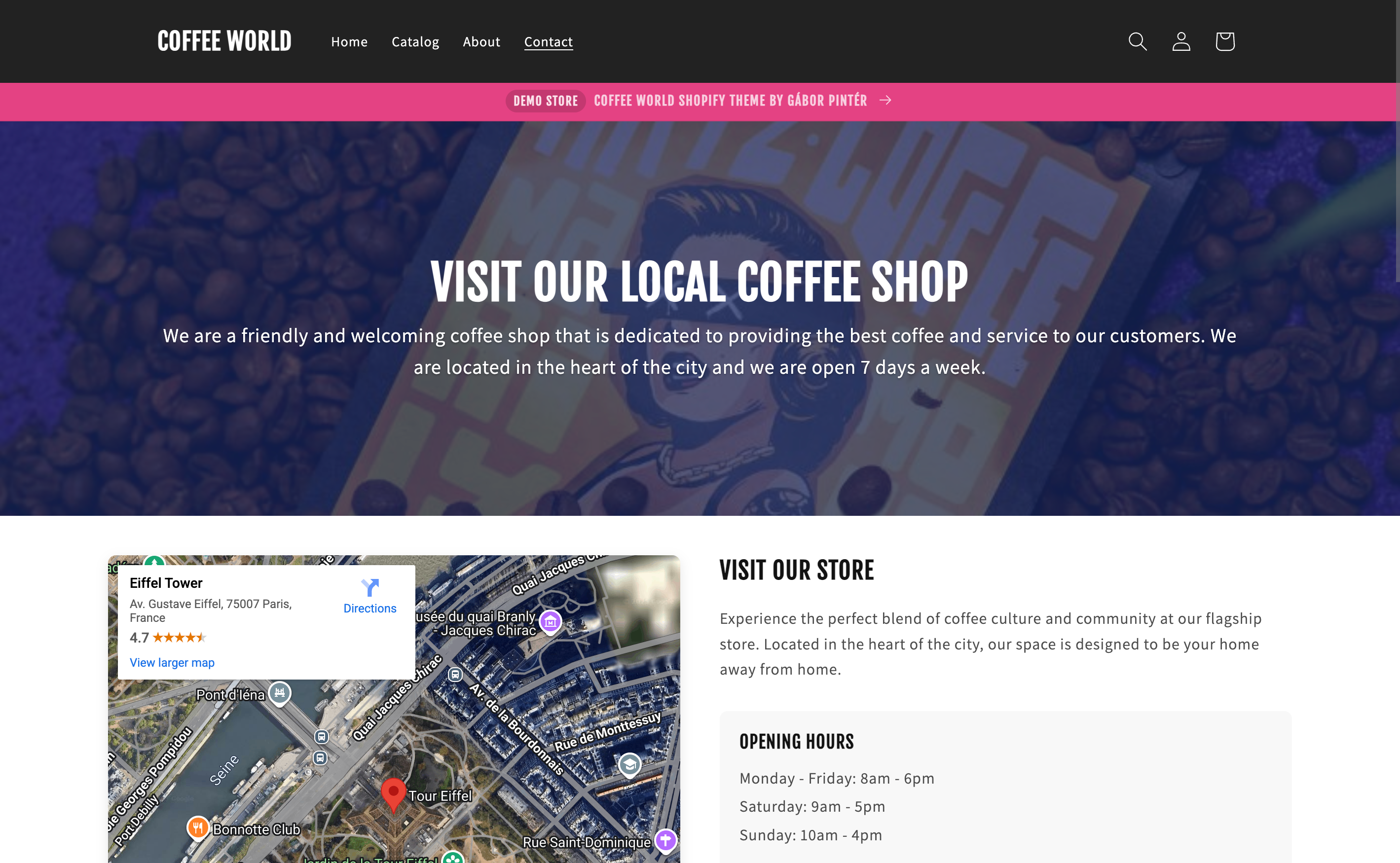Screenshot of the contact page with hero component and Google Maps section with opening hours
