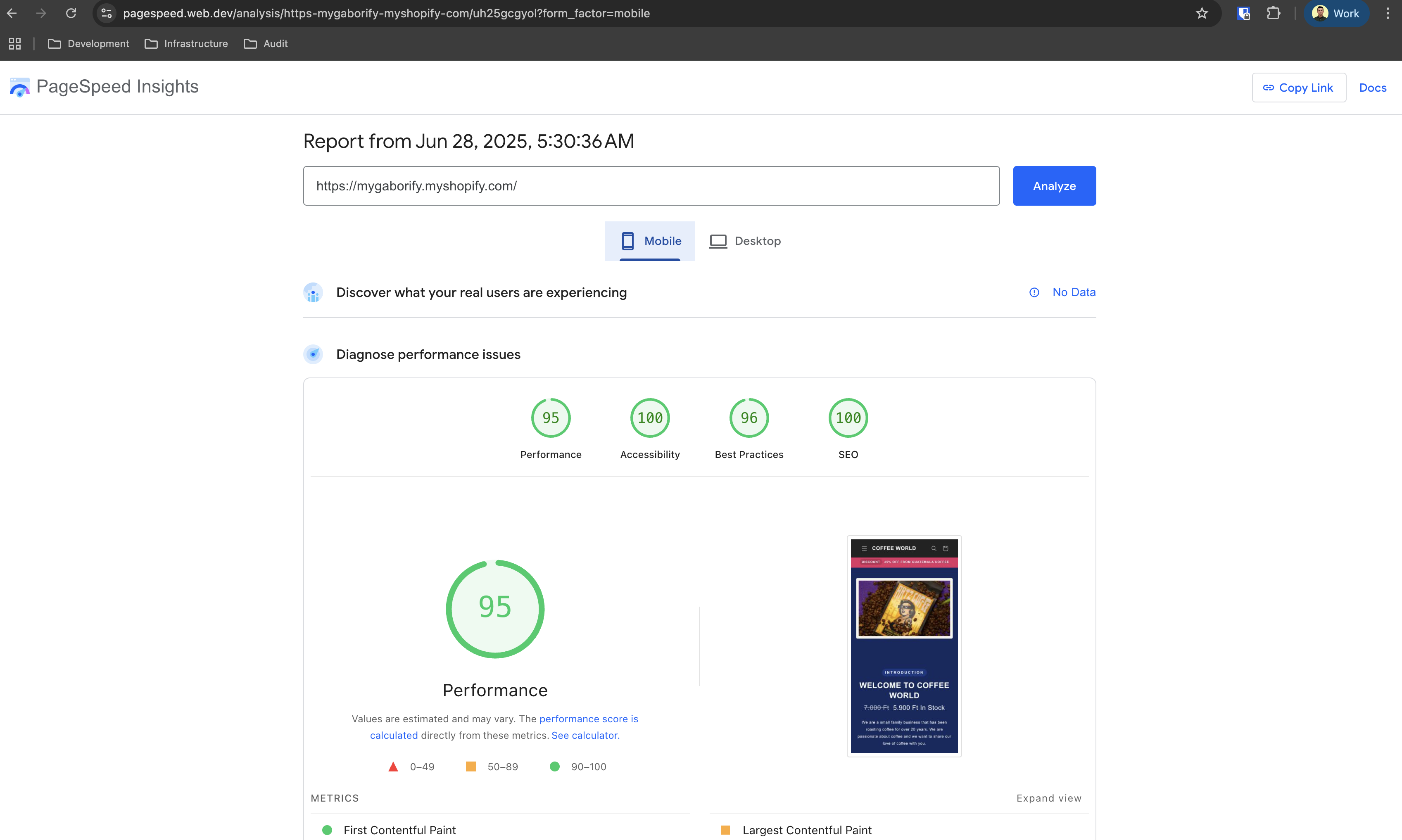 Showing PageSpeed ranks of mobile view, all above 90