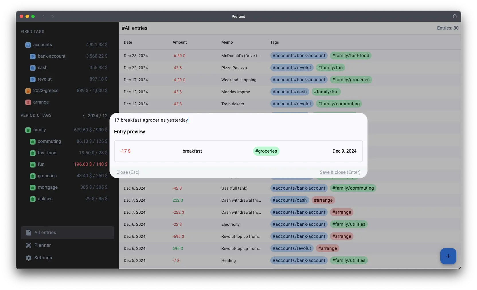 Desktop screenshot featuring the entry input with natural language processing