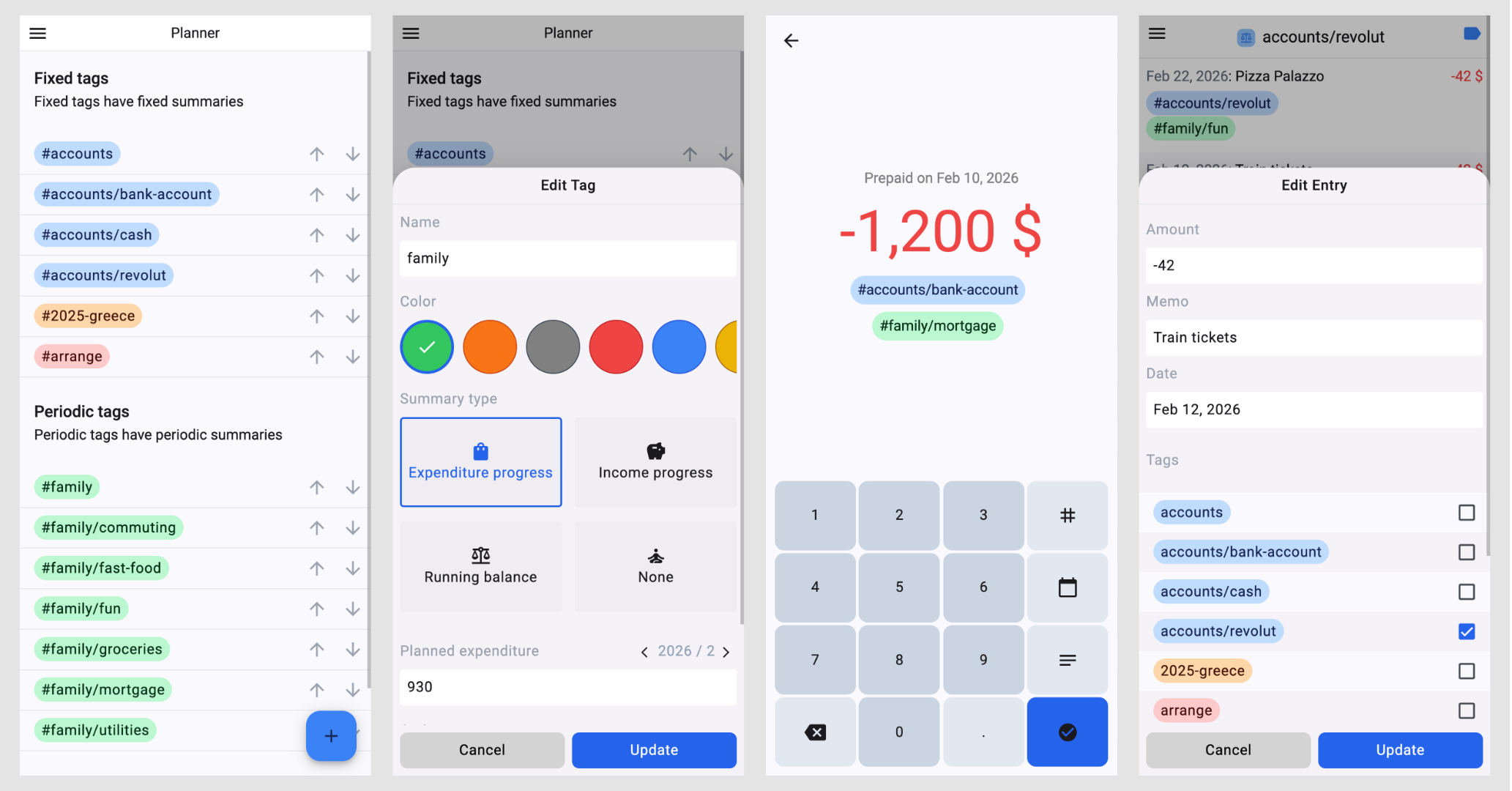 4 mobile screenshots featuring tag list, tag editor, new input and entry edit