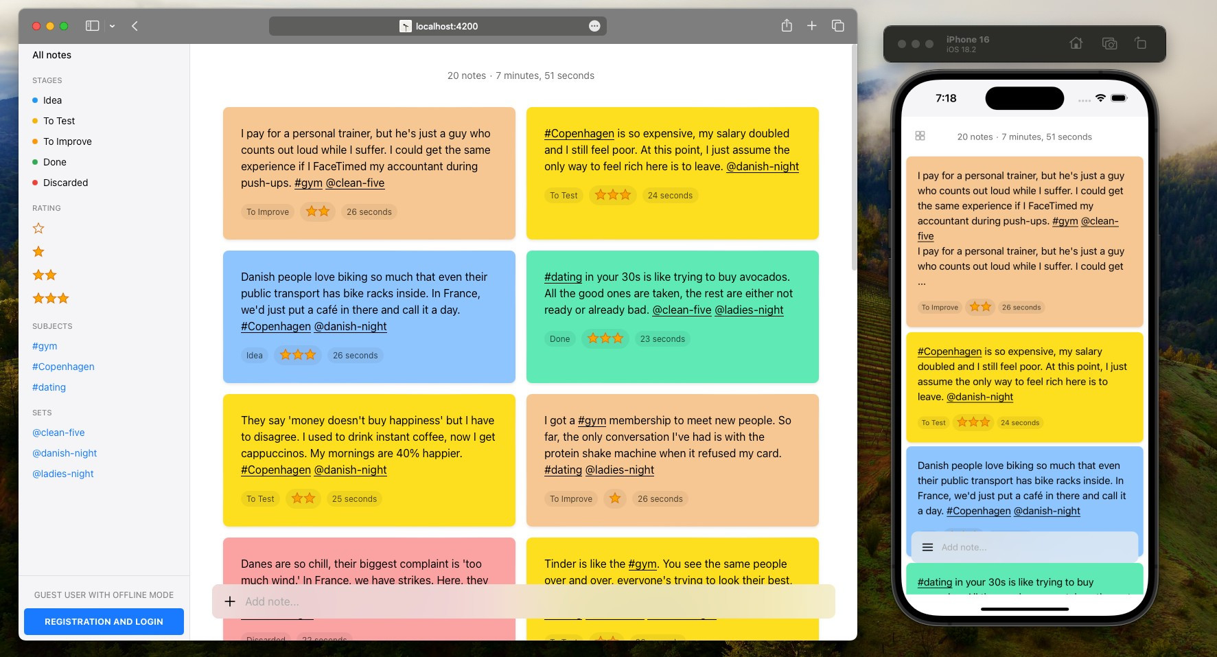 Screenshot of Repertoire in the browser and iPhone emulator
