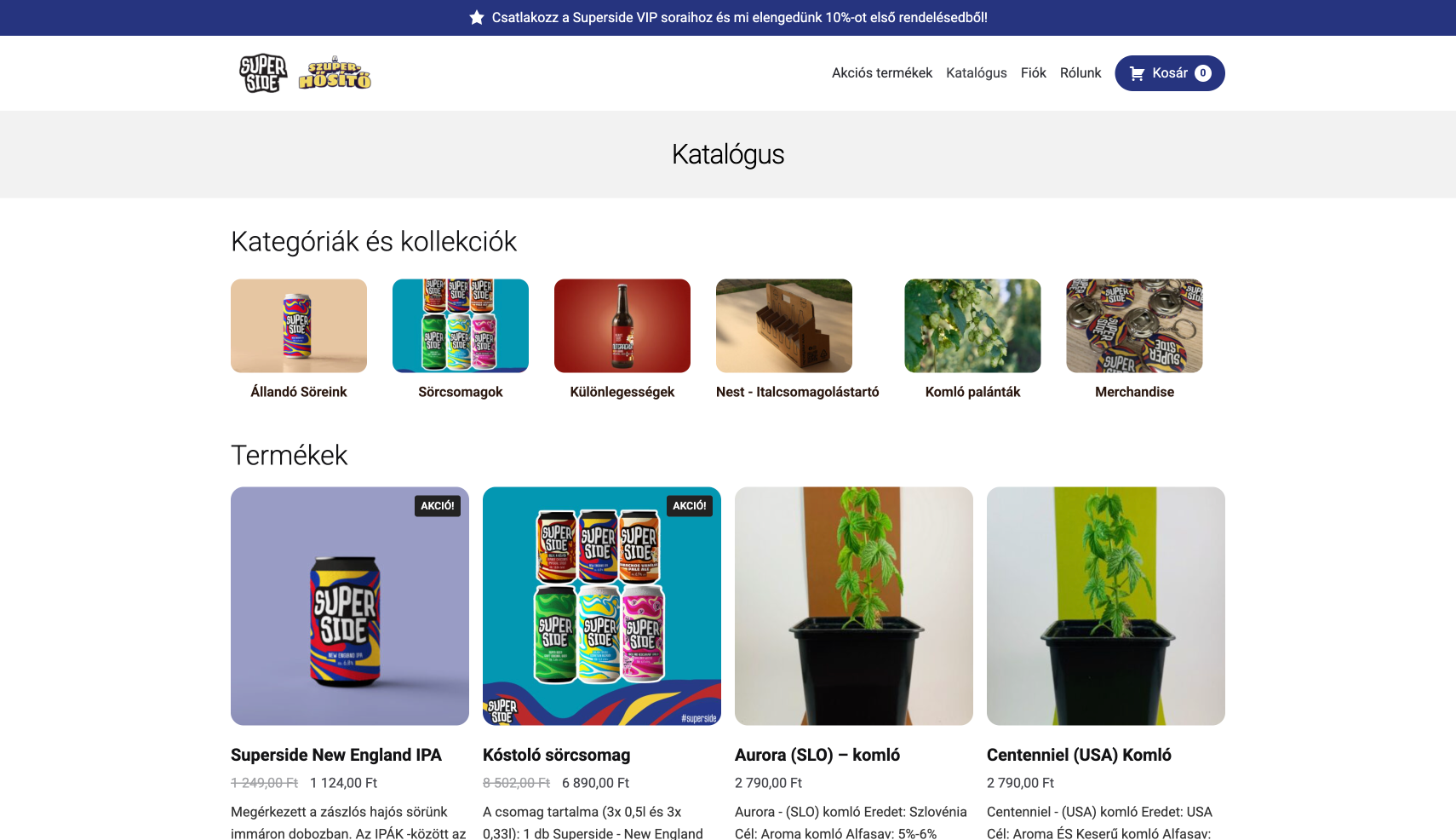 Products page with categories on top and products in the middle