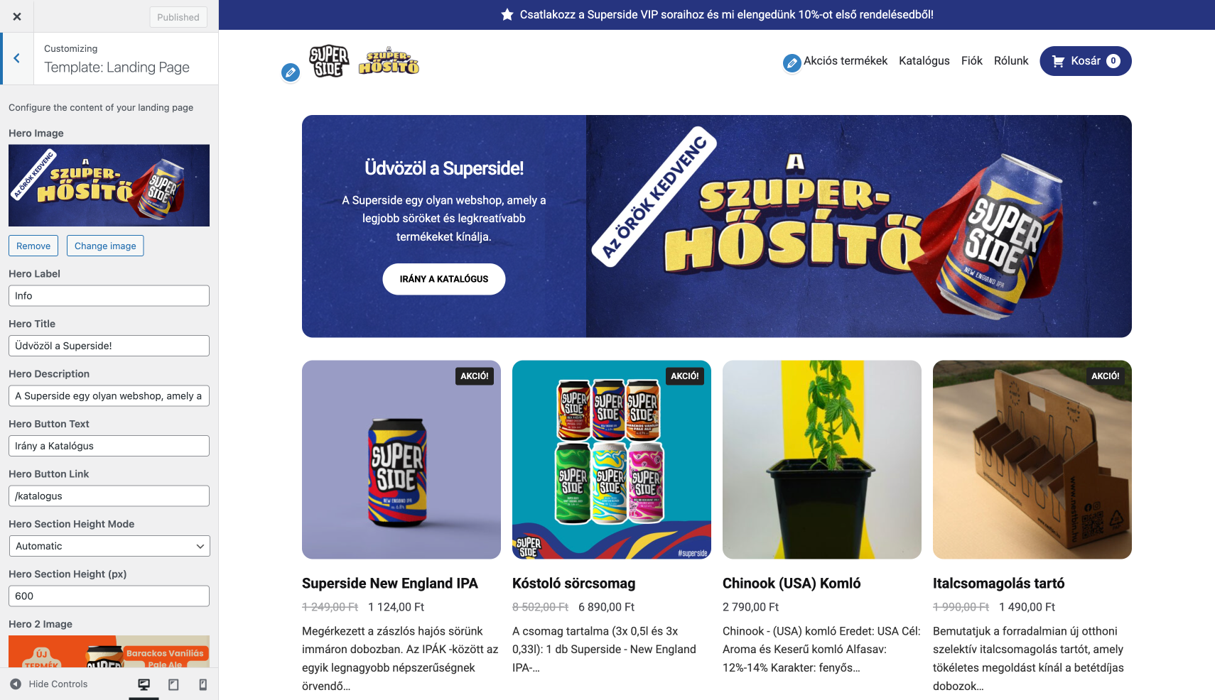 WordPress Customizer screenshot editing the landing page