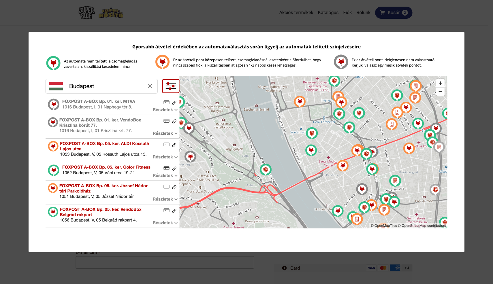 Parcel delivery dialog showing pick-up points on a map