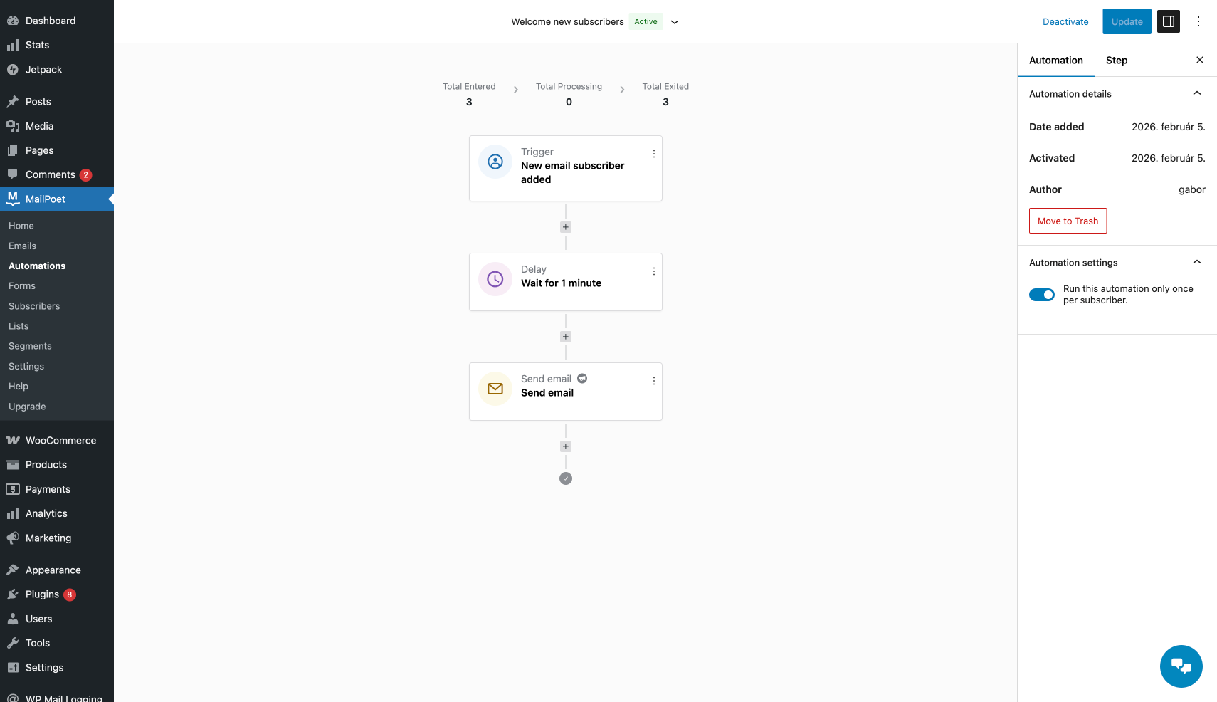 MailPoet automation editor showing the welcome sequence